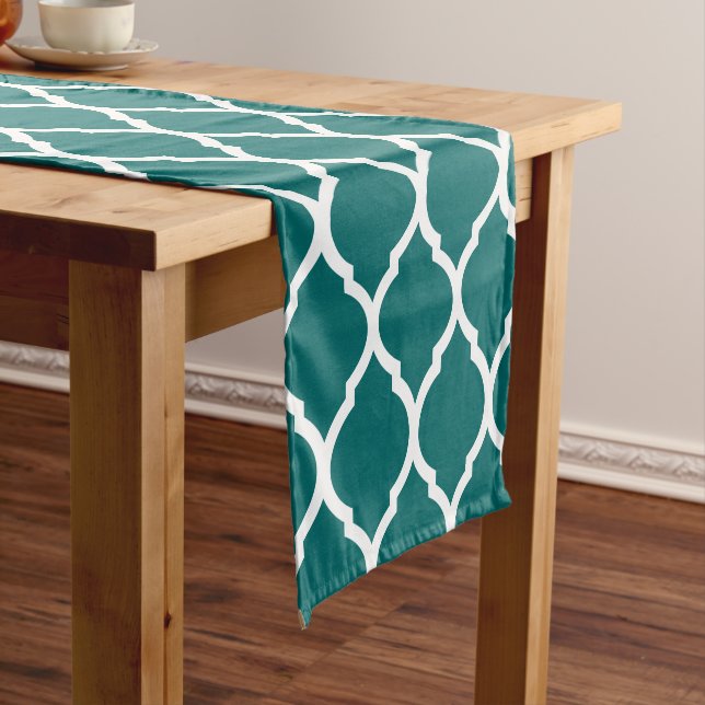 Dark Teal Moroccan Quatrefoil Short Table Runner (In Situ)