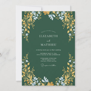 Dark Teal Ochre Leafy Wedding Invitation