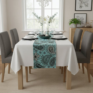 Dark teal paisley short table runner