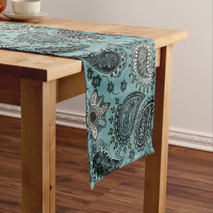 Dark teal paisley short table runner
