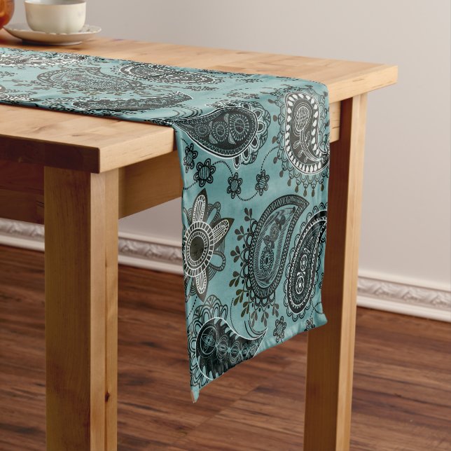 Dark teal paisley short table runner (In Situ)