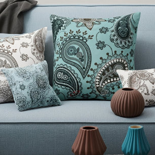 Dark teal paisley throw pillow