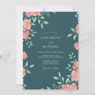 Dark Teal Peach Floral Watercolor Wedding Invitation