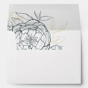 Dark Teal Peony Floral & Gold Wedding Invitation Envelope