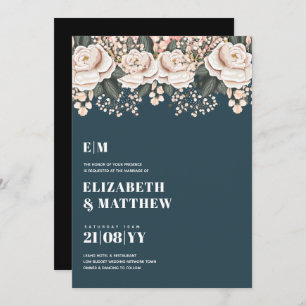 Dark Teal Pink Floral Wedding Invitation