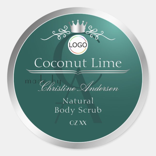 Dark Teal Product Label Silver Frame Logo Monogram (Front)