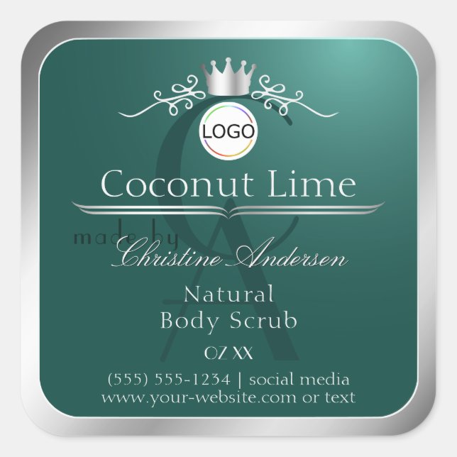 Dark Teal Product Label Silver Frame Logo Monogram (Front)