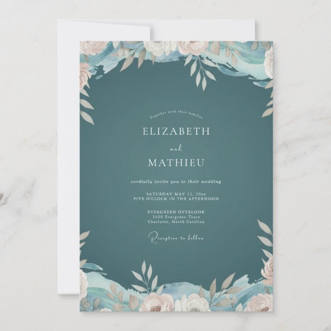 Dark Teal Romantic Floral Wedding Invitation (Front)