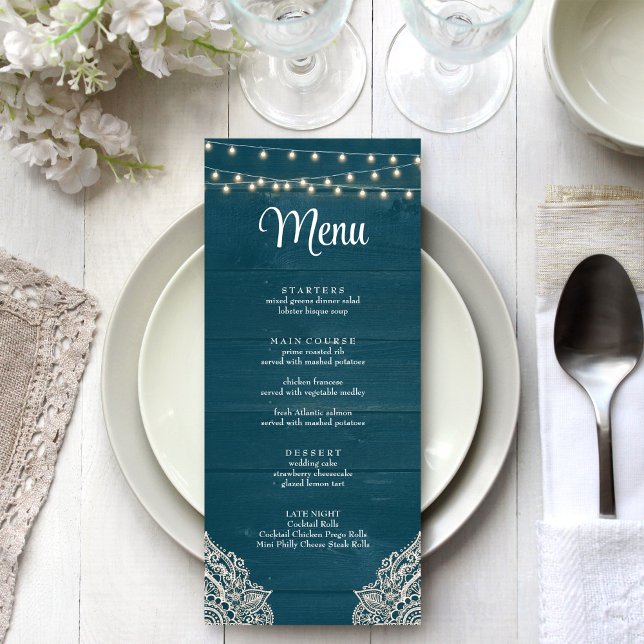 Dark Teal Rustic Elegance Menu Card (Dark Teal Rustic Elegance Menu Card on a white silver boho wedding table.)