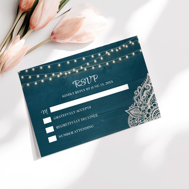 Dark Teal Rustic Elegance RSVP Card (Dark Teal Rustic Elegance RSVP Card on a white table with pink tulips.)