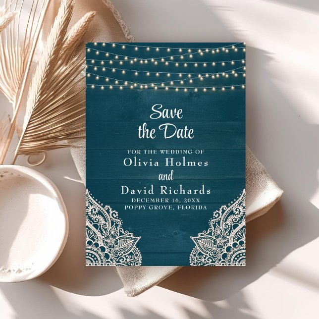 Dark Teal Rustic String Light Save the Date Card (Dark Teal Rustic String Light Save the Date Card on boho wedding table.)