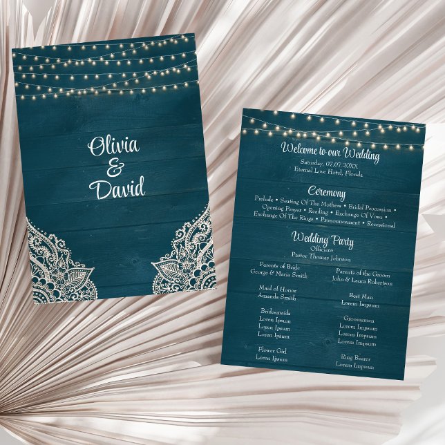Dark Teal Rustic Wood String Light Wedding Program (Dark Teal Rustic Wood String Light Wedding Program on a sunny white dry palm leaf.)