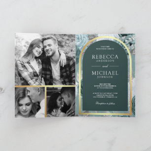 Dark Teal Seafoam Floral Arch QR Code Wedding Invitation