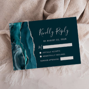 Dark Teal Silver Agate Wedding RSVP Card