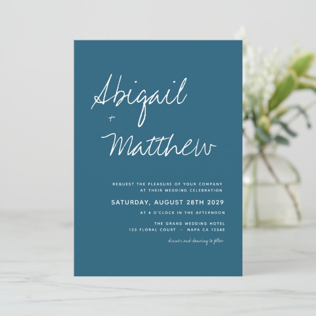 Dark Teal Simple Handwriting Boho Wedding Invitati Invitation (Standing Front)