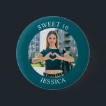 Dark Teal Sweet 16 Birthday Circle Photo<br><div class="desc">Create your own personalized white border photo round button for your her 16th birthday. Customize the solid teal background colour or the black text colour to match your photo. If you change the font type or size, you can fine tune the curvature of the text in small increments. Have fun...</div>