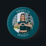 Dark Teal Sweet 16 Birthday Circle Photo 2 Inch Round Button<br><div class="desc">Create your own personalized white border photo round button for your her 16th birthday. Customize the solid teal background colour or the black text colour to match your photo. If you change the font type or size, you can fine tune the curvature of the text in small increments. Have fun...</div>