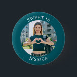 Dark Teal Sweet 16 Birthday Circle Photo 2 Inch Round Button<br><div class="desc">Create your own personalized white border photo round button for your her 16th birthday. Customize the solid teal background colour or the black text colour to match your photo. If you change the font type or size, you can fine tune the curvature of the text in small increments. Have fun...</div>