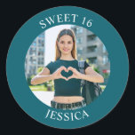 Dark Teal Sweet 16 Birthday Photo Classic Round Sticker<br><div class="desc">Create your own personalized dark teal border photo round envelope seals for your her 16th birthday. Customize the solid white background colour or the text colour to match your photo. If you change the font type or size, you can fine tune the curvature of the text in small increments. Have...</div>