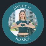 Dark Teal Sweet 16 Birthday Photo Classic Round Sticker<br><div class="desc">Create your own personalized dark teal border photo round envelope seals for your her 16th birthday. Customize the solid white background colour or the text colour to match your photo. If you change the font type or size, you can fine tune the curvature of the text in small increments. Have...</div>