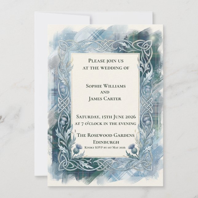 Dark Teal Tartan Celtic Wedding Invitation (Front)