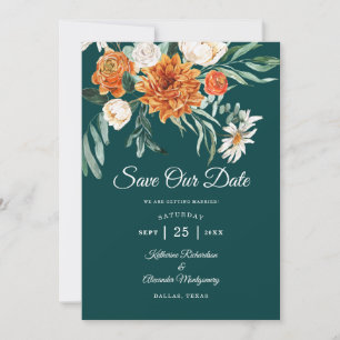 Dark Teal Terracotta Autumn Floral Photo Wedding  Save The Date