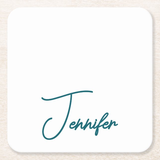 Dark Teal Trend Modern Minimalist Handwriting Name Square Paper Coaster (Front)