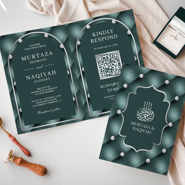 Dark Teal Tufted Pattern QR Code Muslim Wedding Invitation (Creator Uploaded)