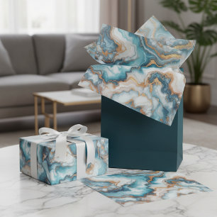 Dark Teal Turquoise Blue Gold Marble Art Pattern Tissue Paper
