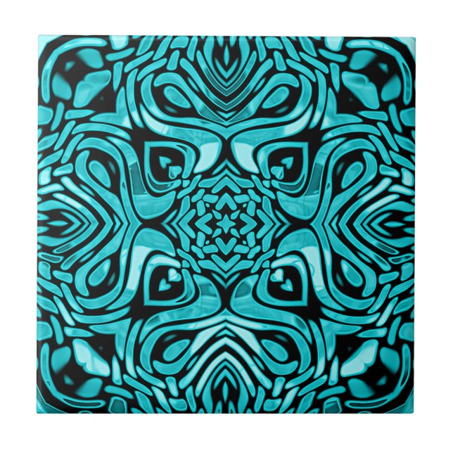Dark Teal Turquoise Blue Green Ethnic Tribe Art Tile (Front)