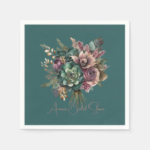 Dark Teal Turquoise Burgundy Floral Bouquet Shower Napkin
