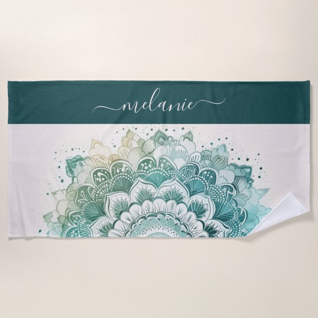 Dark Teal Turquoise Mandala Name Beach Towel (Front)
