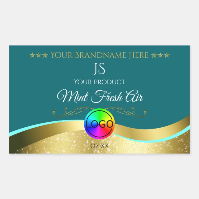 Dark Teal Wavy Gold Logo Monogram Product Label (Front)