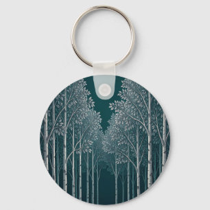 Dark Teal White Birch Forest Trees Keychain