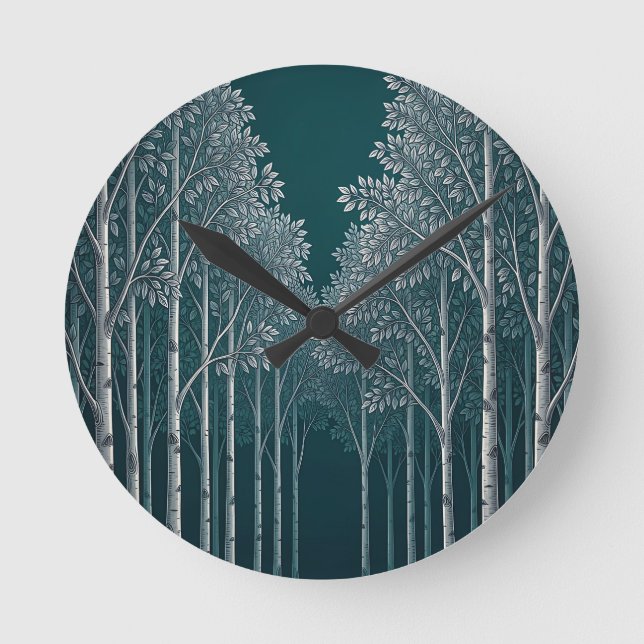 Dark Teal White Birch Forest Trees  Round Clock (Front)