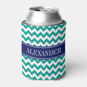 Dark Teal White Chevron Navy Name Monogram Can Cooler