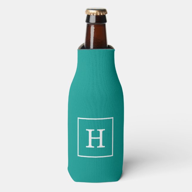 Dark Teal White Framed Initial Monogram Bottle Cooler (Bottle Front)