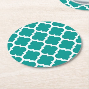 Dark Teal White Moroccan Quatrefoil Pattern #5 Round Paper Coaster