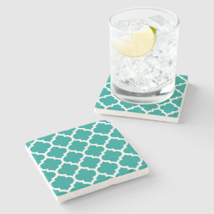 Dark Teal White Moroccan Quatrefoil Pattern #5 Stone Coaster