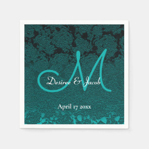 Dark Teal White Turquoise Elegant Wedding Monogram Napkin