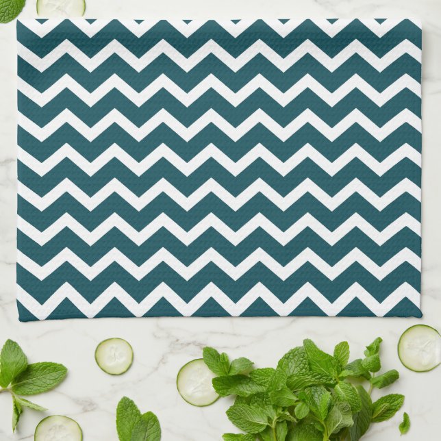 Dark Teal Zig Zag Chevrons Pattern Kitchen Towel (Folded)