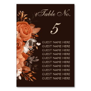 Dark Terracotta and Burnt Orange Wedding Table Number