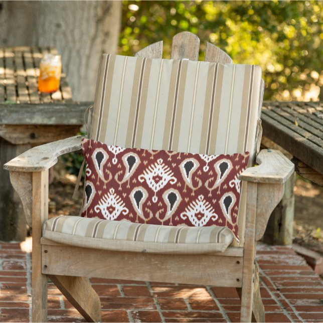 Dark Terracotta Red Taupe Brown Ikat Tribal Art Lumbar Pillow (Chair)