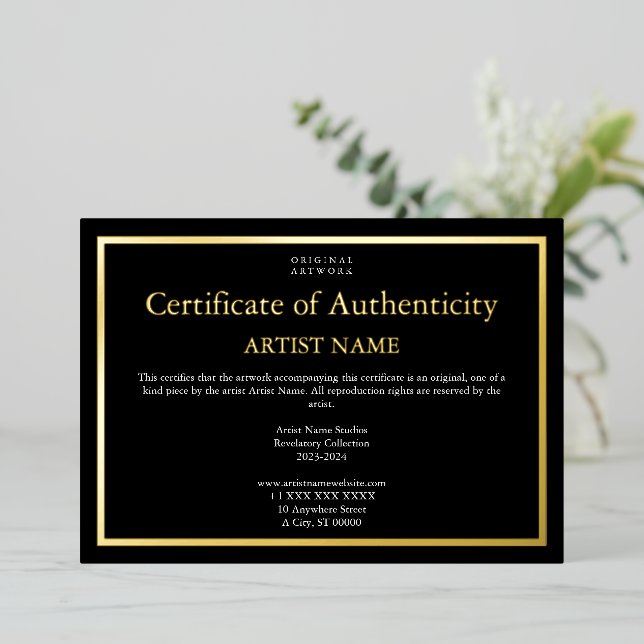 Dark Theme Gold Foil Certificate of Authenticity Foil Holiday Card (Standing Front)