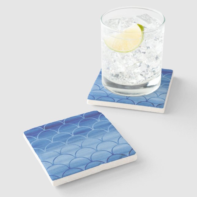 Dark to Light Blue Scale Pattern Stone Coaster (Side)