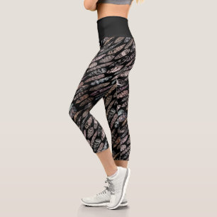 Dark Tone Feather Pattern on Black Printed Capri Leggings