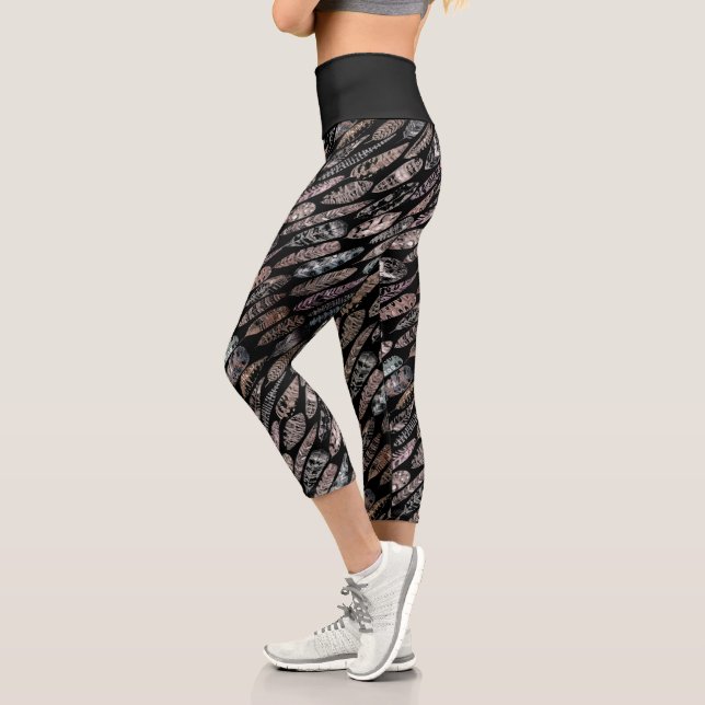 Dark Tone Feather Pattern on Black Printed Capri Leggings (Left)