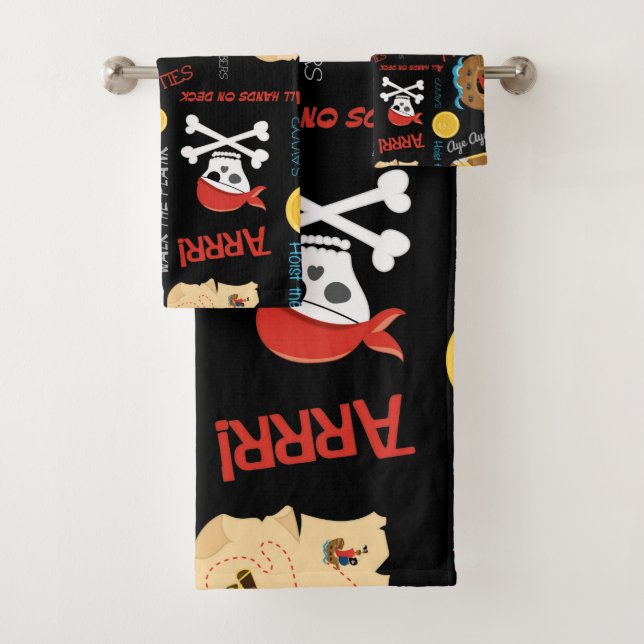 Dark Treasure Island Party Pirates Bath Towel Set (Insitu)