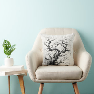 Dark Tree Ink Painting Throw Pillow