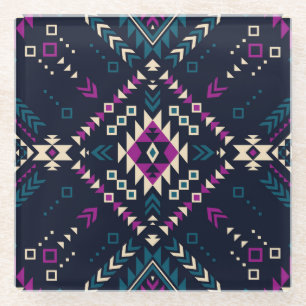 Dark tribal Navajo, vintage geometric. Glass Coaster